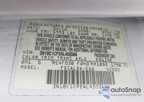 2010 Nissan Versa 1.8S из США, поврежденный, VIN 3N1BC1CP2AL455566